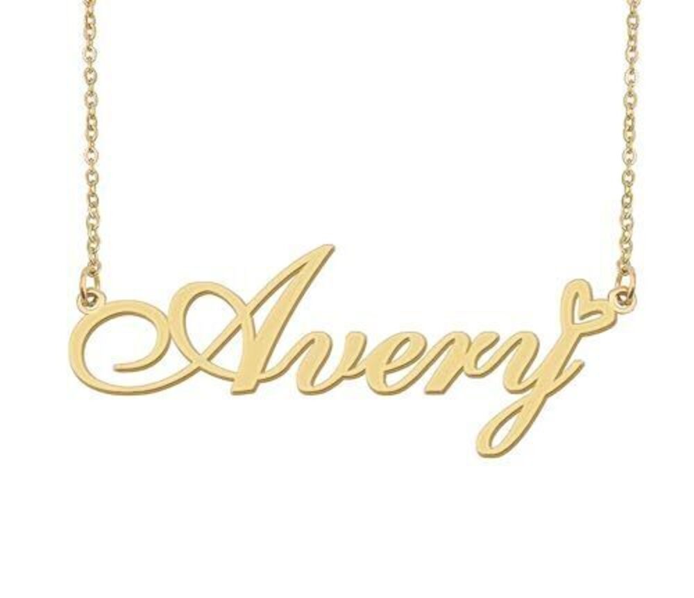 6655 Avery Name Necklace Heart Charm Pendant 18k Gold Plated Stainless